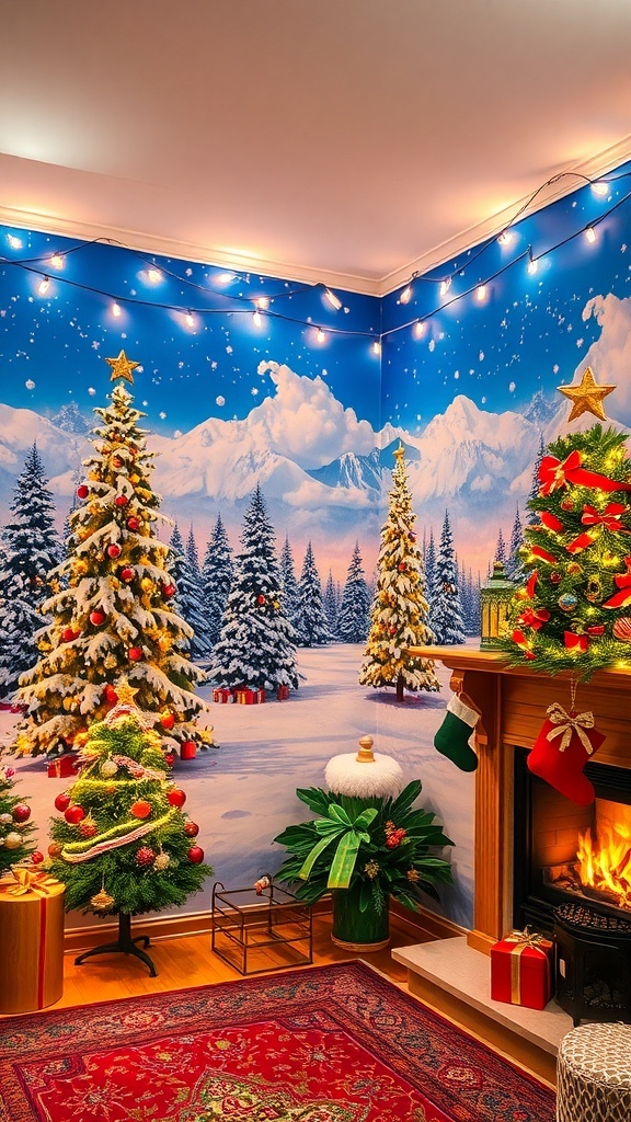 A cozy room with Christmas-themed wallpaper showcasing festive paintings, decorated for the holiday season.